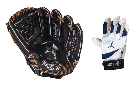 Lot of (2) Derek Jeter Signed Gloves Including Rawlings Fielders Glove and Game Used Batting Glove (Jeter/Steiner & MLB Authenticated) 